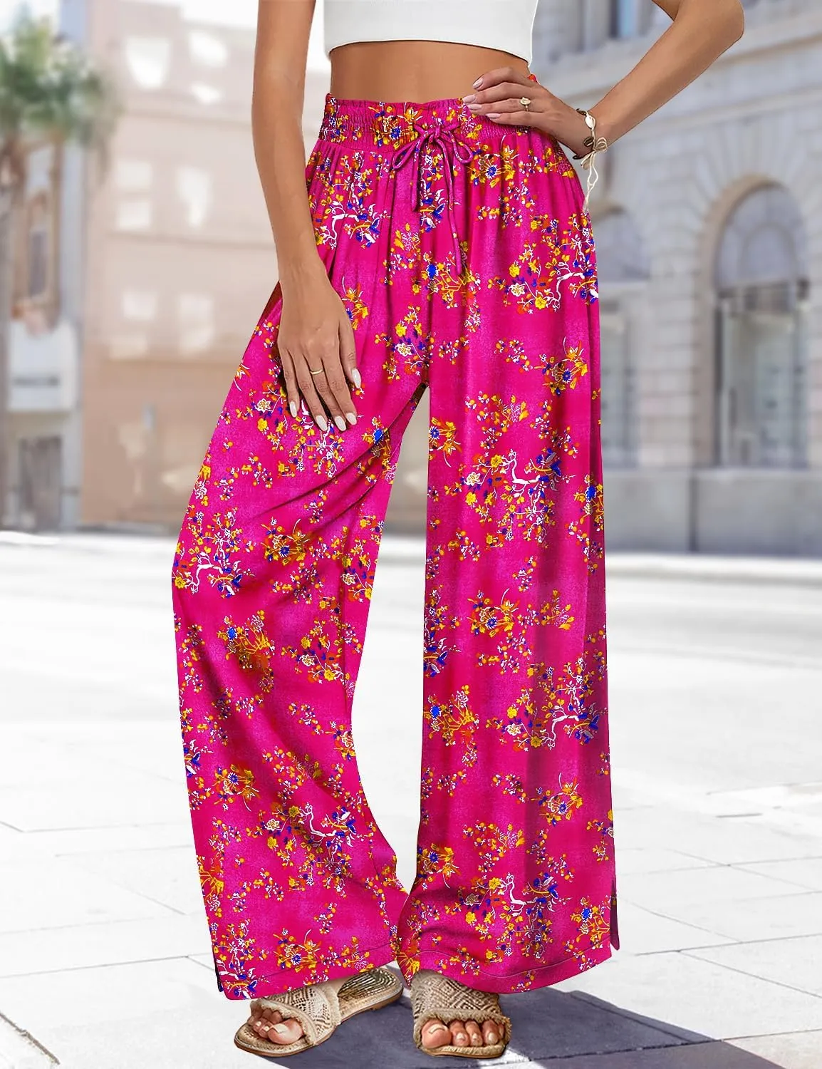 YESNO Women Summer Boho Palazzo Pants High Waist Wide Leg Floral Casual Cotton Lounge Trousers with Pockets PP0