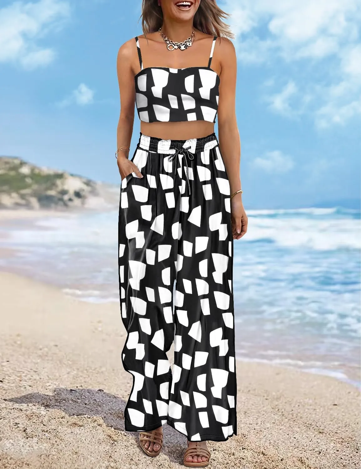 YESNO Women Summer Boho Palazzo Pants High Waist Wide Leg Floral Casual Cotton Lounge Trousers with Pockets PP0