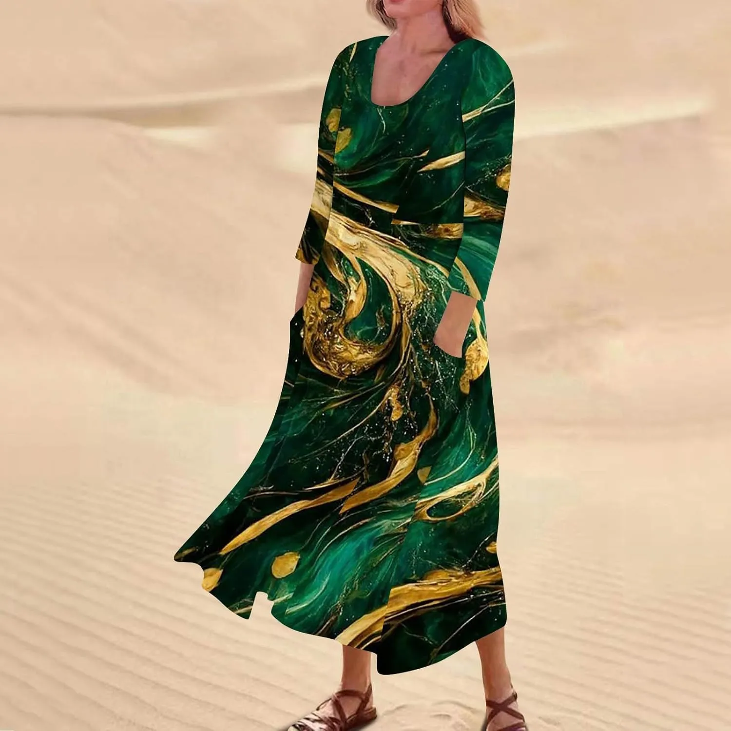 Yesunpxs 3/4 Sleeve Dresses for Women Summer Flowy Maxi Dresses Boho Long Dress Printed Casual Beach Sundresses with Pockets