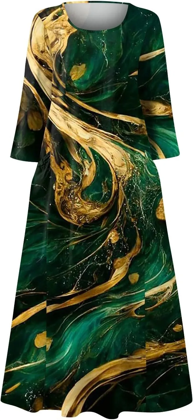 Yesunpxs 3/4 Sleeve Dresses for Women Summer Flowy Maxi Dresses Boho Long Dress Printed Casual Beach Sundresses with Pockets