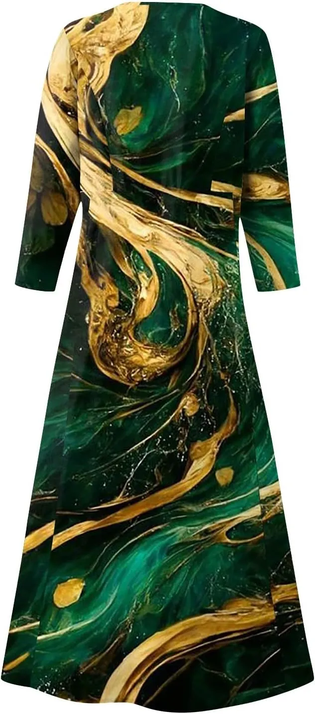 Yesunpxs 3/4 Sleeve Dresses for Women Summer Flowy Maxi Dresses Boho Long Dress Printed Casual Beach Sundresses with Pockets