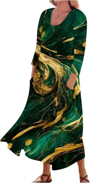 Yesunpxs 3/4 Sleeve Dresses for Women Summer Flowy Maxi Dresses Boho Long Dress Printed Casual Beach Sundresses with Pockets