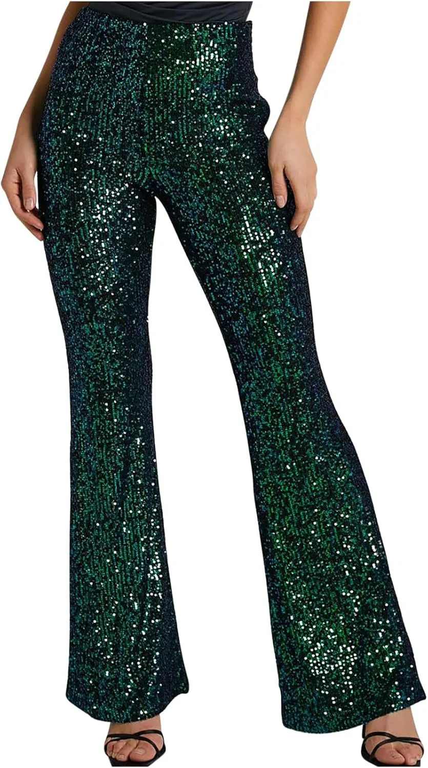 YUHGODO Sequin Bell Bottom Pants Women High Waist Glitter Wide Leg Pants Slim Sparkle Flared Trousers for Disco Party Club