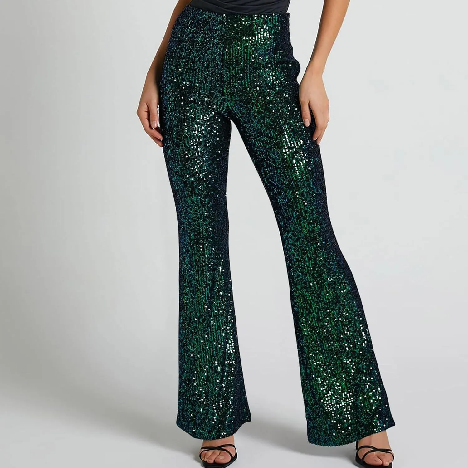 YUHGODO Sequin Bell Bottom Pants Women High Waist Glitter Wide Leg Pants Slim Sparkle Flared Trousers for Disco Party Club