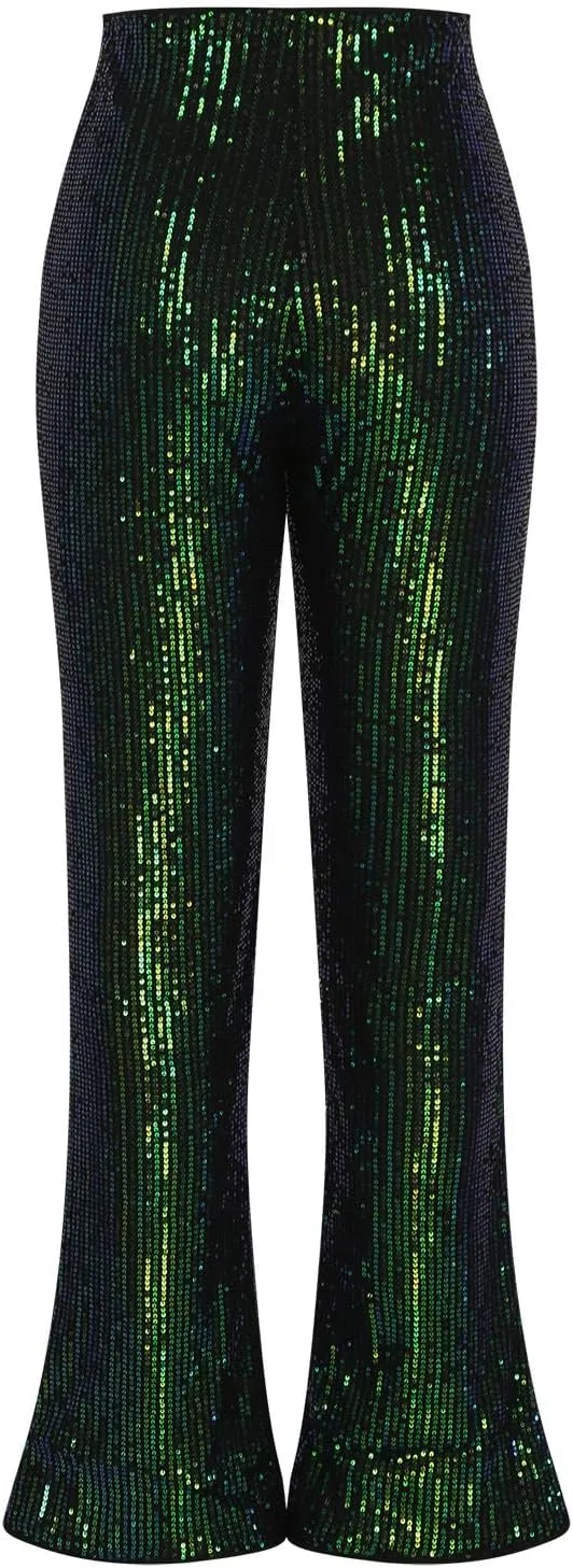 YUHGODO Sequin Bell Bottom Pants Women High Waist Glitter Wide Leg Pants Slim Sparkle Flared Trousers for Disco Party Club