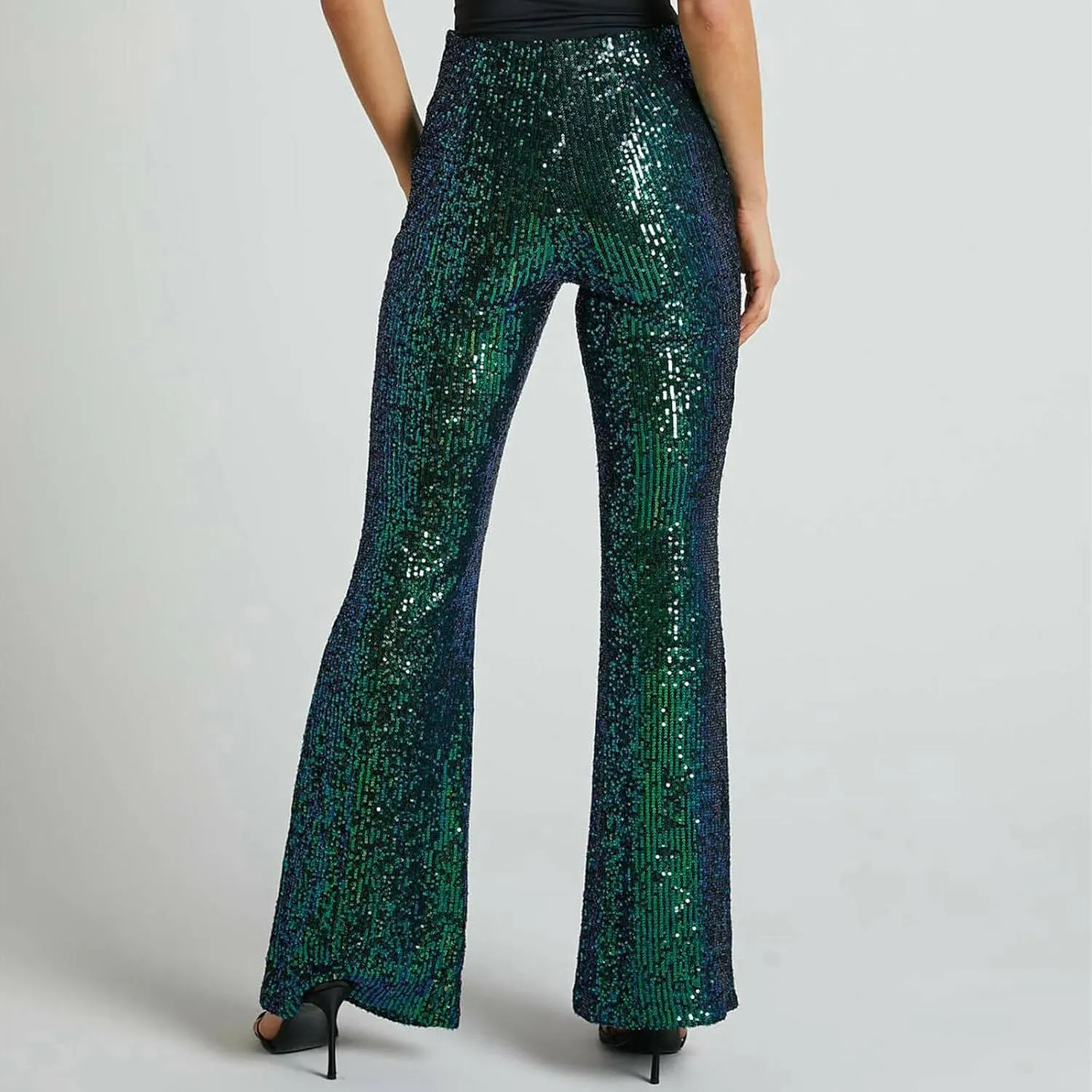 YUHGODO Sequin Bell Bottom Pants Women High Waist Glitter Wide Leg Pants Slim Sparkle Flared Trousers for Disco Party Club