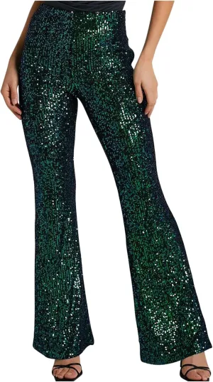 YUHGODO Sequin Bell Bottom Pants Women High Waist Glitter Wide Leg Pants Slim Sparkle Flared Trousers for Disco Party Club