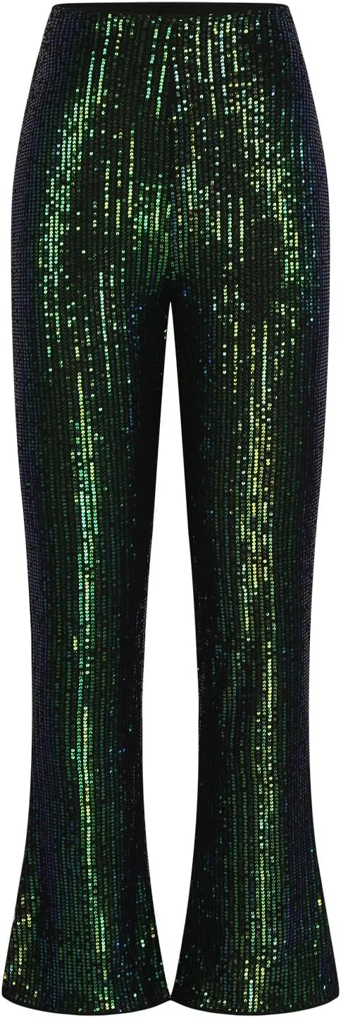 YUHGODO Sequin Bell Bottom Pants Women High Waist Glitter Wide Leg Pants Slim Sparkle Flared Trousers for Disco Party Club