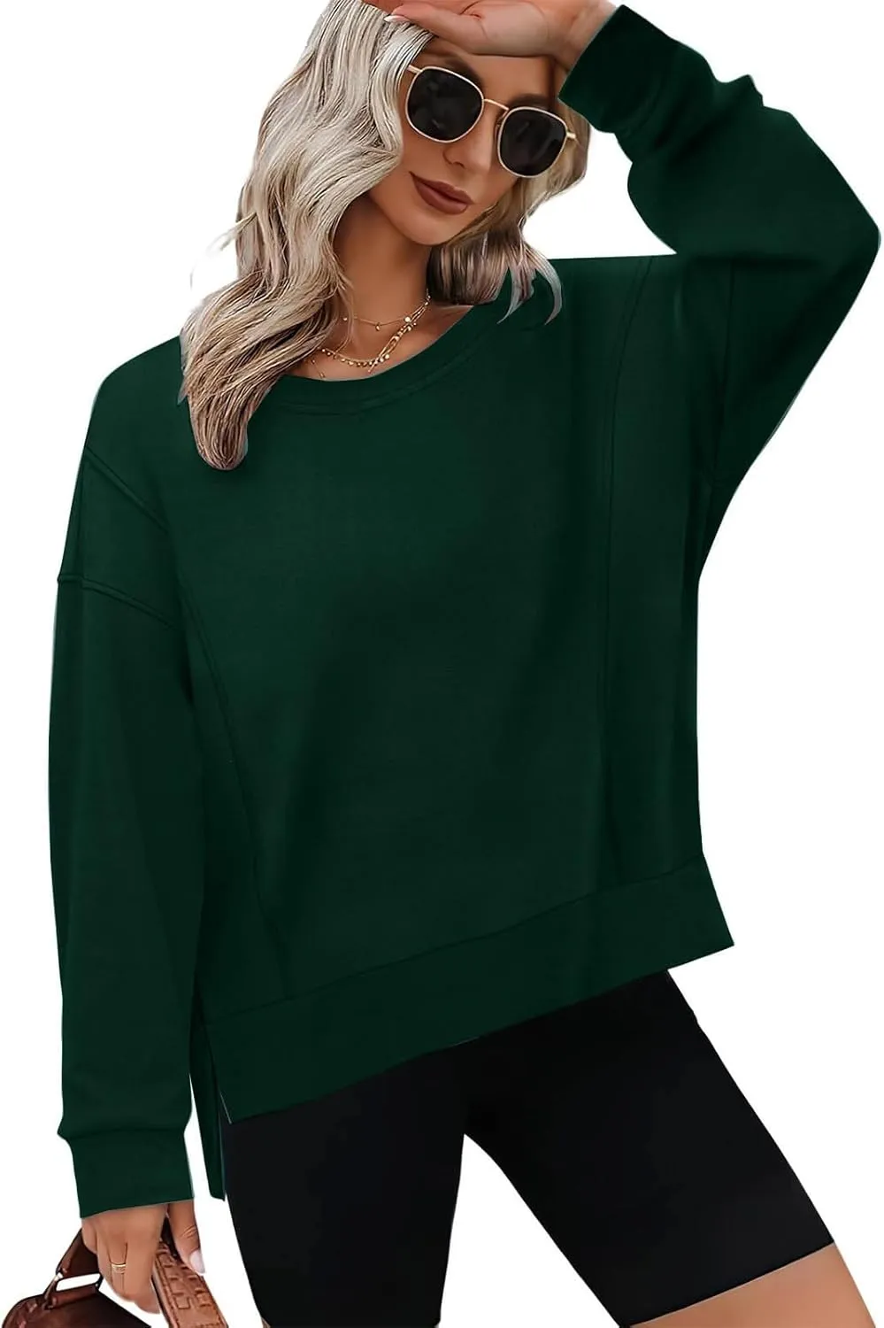 ZDRZK Crewneck Sweatshirts Women Casual Loose Lightweight Thin Fall Outfits Tops Split High Low Hem Long Sleeve Clothes