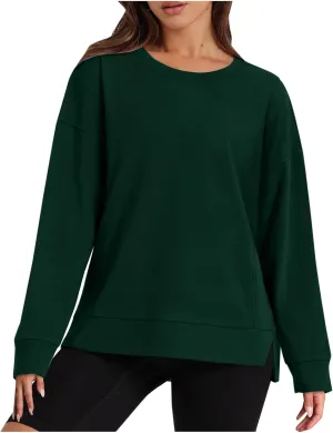 ZDRZK Crewneck Sweatshirts Women Casual Loose Lightweight Thin Fall Outfits Tops Split High Low Hem Long Sleeve Clothes
