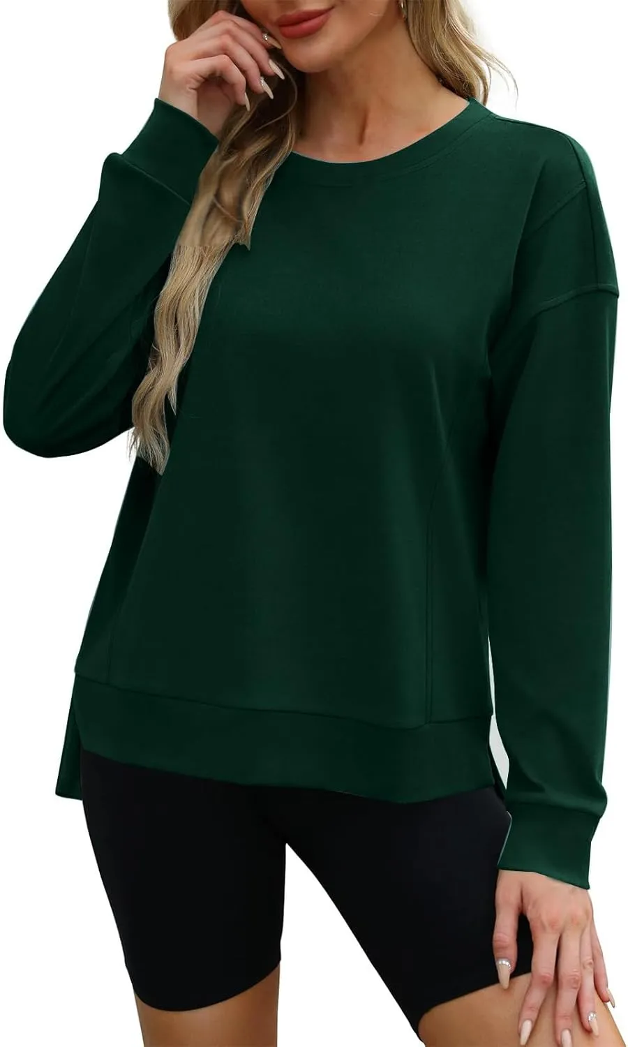 ZDRZK Crewneck Sweatshirts Women Casual Loose Lightweight Thin Fall Outfits Tops Split High Low Hem Long Sleeve Clothes