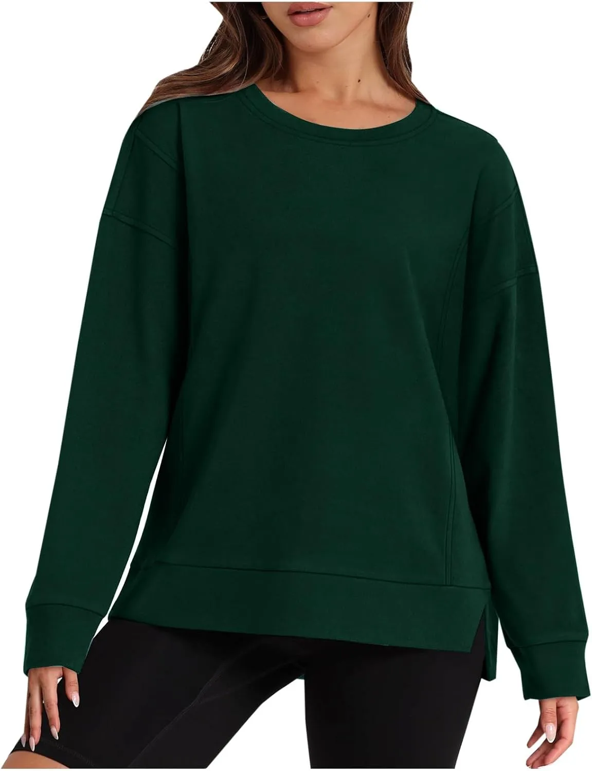ZDRZK Crewneck Sweatshirts Women Casual Loose Lightweight Thin Fall Outfits Tops Split High Low Hem Long Sleeve Clothes