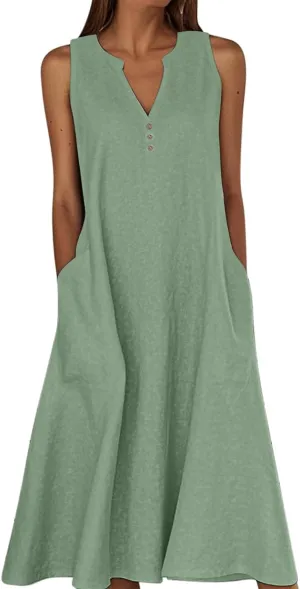 ZDRZK Summer Dresses for Women 2025 Casual Sleeveless Cotton Linen Sundresses Flowy Beach Vacation Dress with Pockets