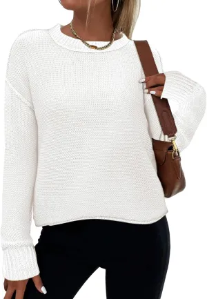 Zeagoo Women's Crew Neck Cropped Sweater 2024 Fall Long Sleeve Chunky Knit Pullover Sweater Tops