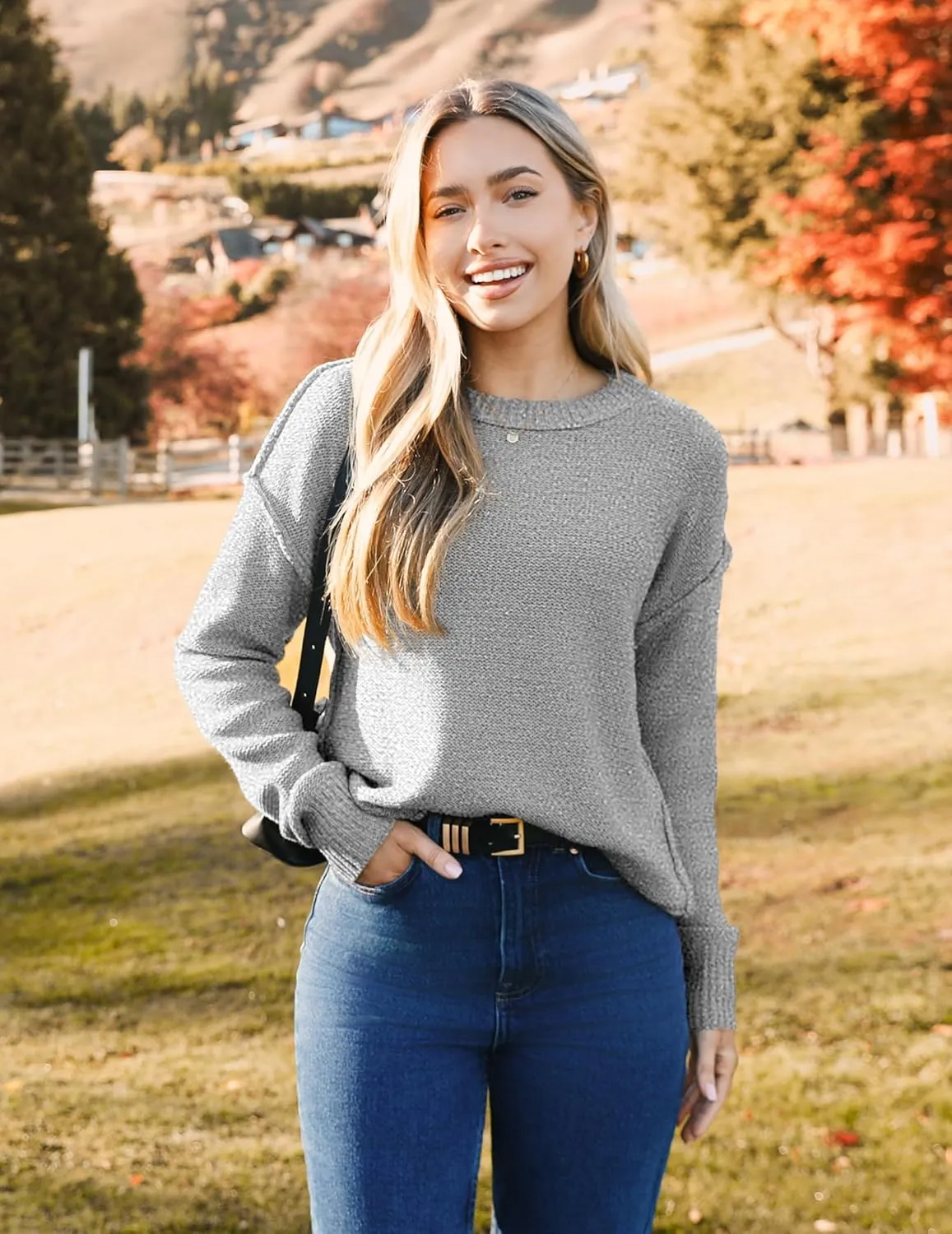 Zeagoo Women's Crew Neck Cropped Sweater 2024 Fall Long Sleeve Chunky Knit Pullover Sweater Tops
