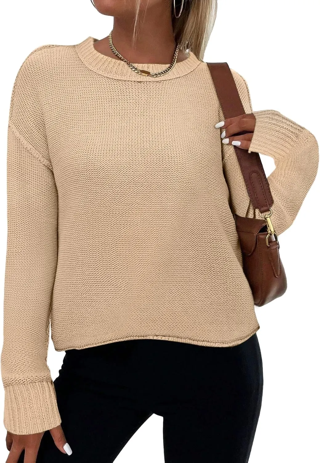 Zeagoo Women's Crew Neck Cropped Sweater 2024 Fall Long Sleeve Chunky Knit Pullover Sweater Tops