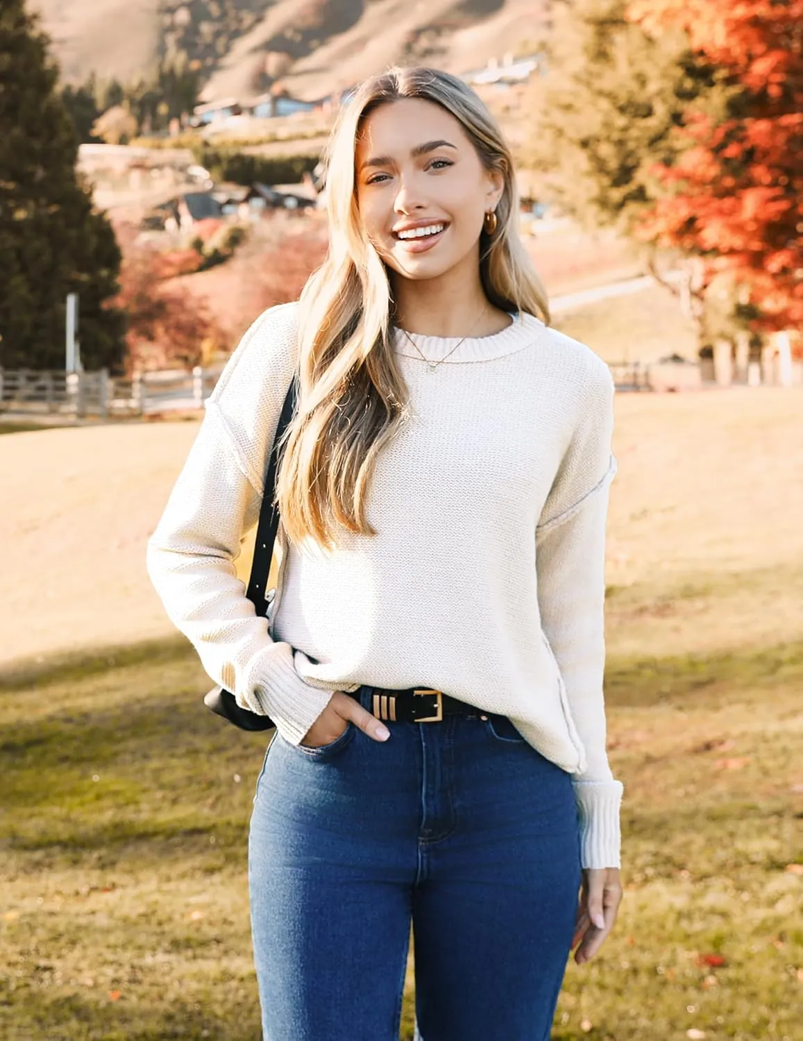Zeagoo Women's Crew Neck Cropped Sweater 2024 Fall Long Sleeve Chunky Knit Pullover Sweater Tops