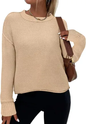 Zeagoo Women's Crew Neck Cropped Sweater 2024 Fall Long Sleeve Chunky Knit Pullover Sweater Tops