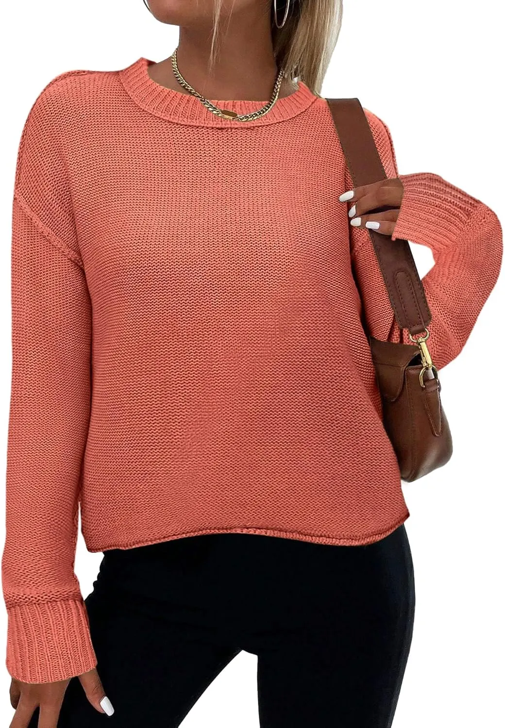 Zeagoo Women's Crew Neck Cropped Sweater 2024 Fall Long Sleeve Chunky Knit Pullover Sweater Tops