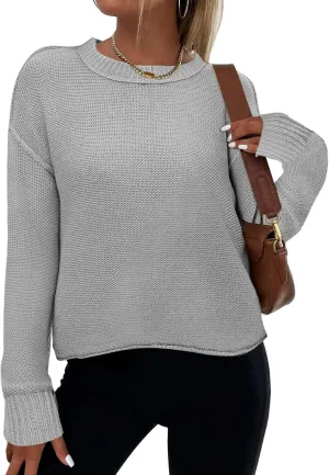 Zeagoo Women's Crew Neck Cropped Sweater 2024 Fall Long Sleeve Chunky Knit Pullover Sweater Tops