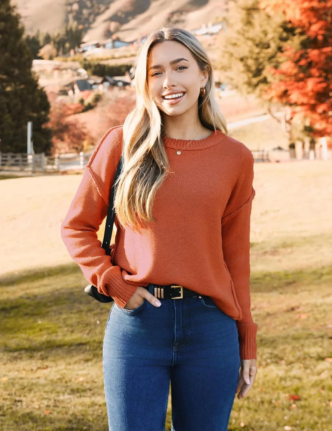 Zeagoo Women's Crew Neck Cropped Sweater 2024 Fall Long Sleeve Chunky Knit Pullover Sweater Tops