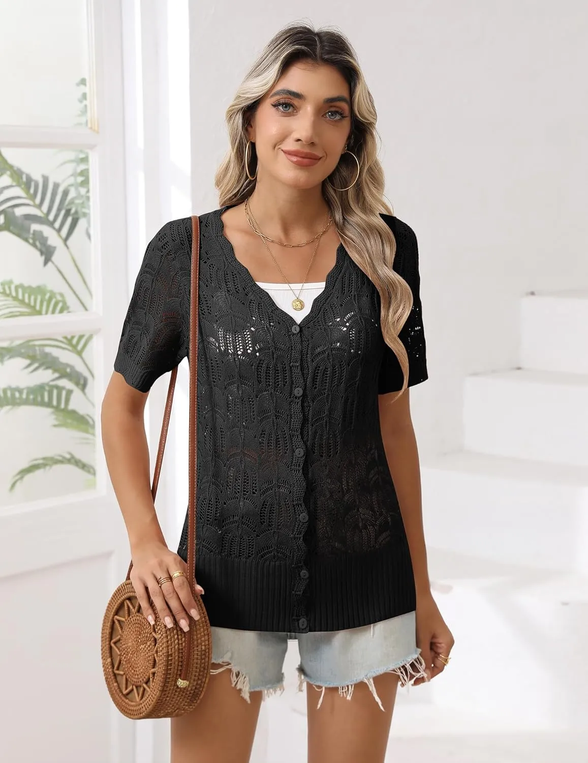 Zeagoo Women's Short Sleeve Summer Cardigan V-Neck Button up Lightweight Hollow Out Sweater Cardigans Shrug