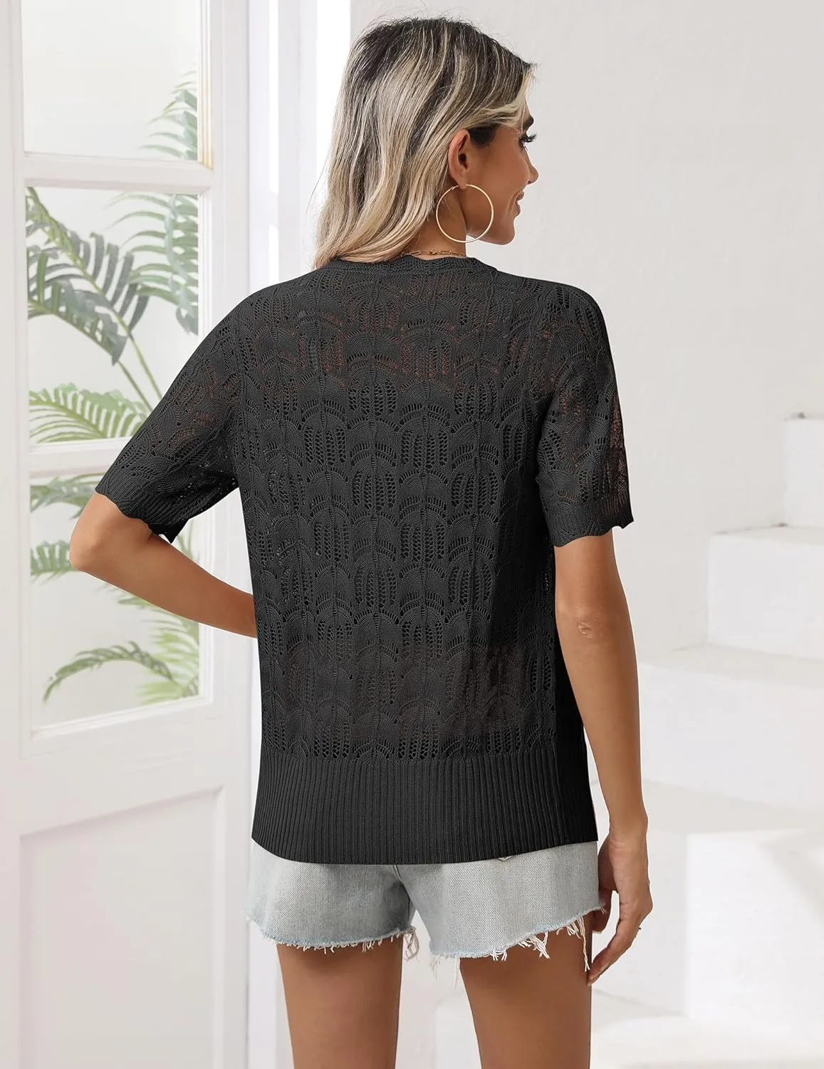 Zeagoo Women's Short Sleeve Summer Cardigan V-Neck Button up Lightweight Hollow Out Sweater Cardigans Shrug